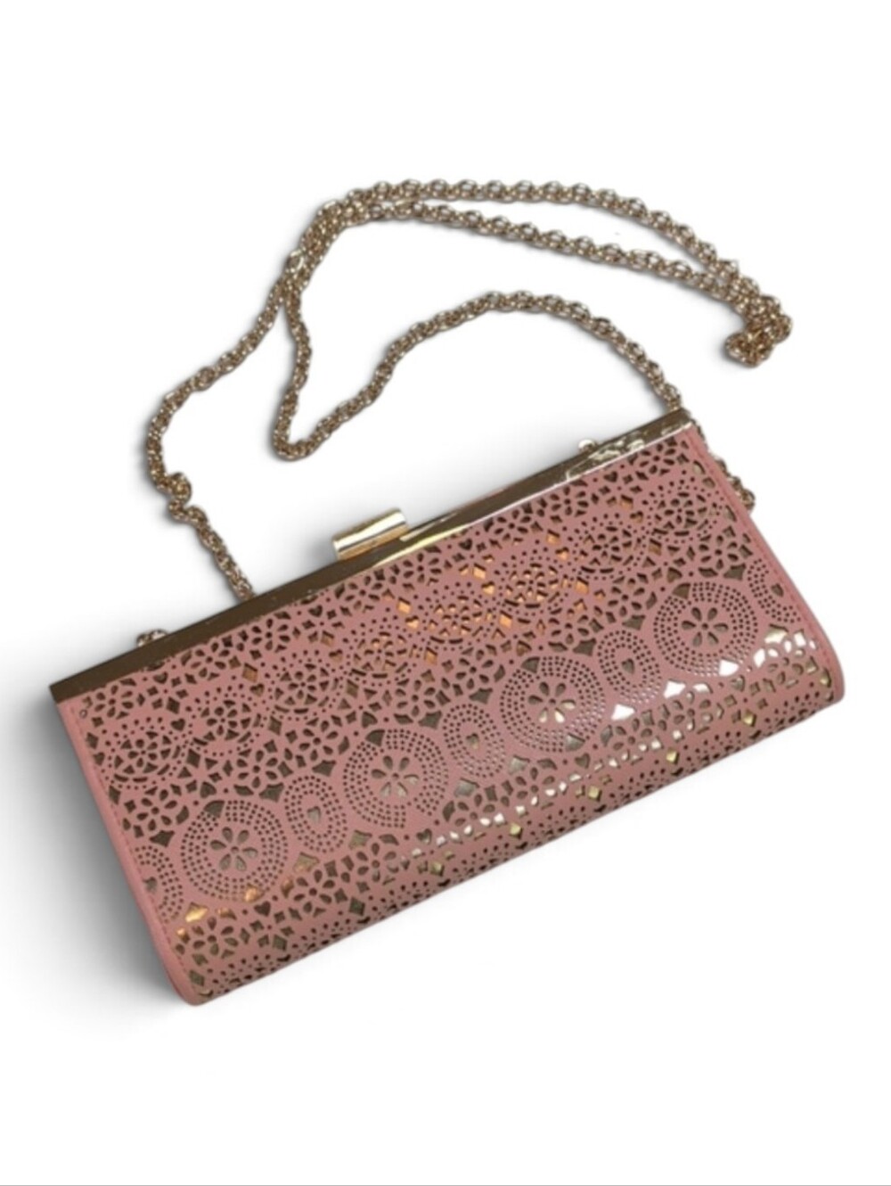 Jessica McClintock, Salmon Color Laser Cut Filigree Purse With Gold Background